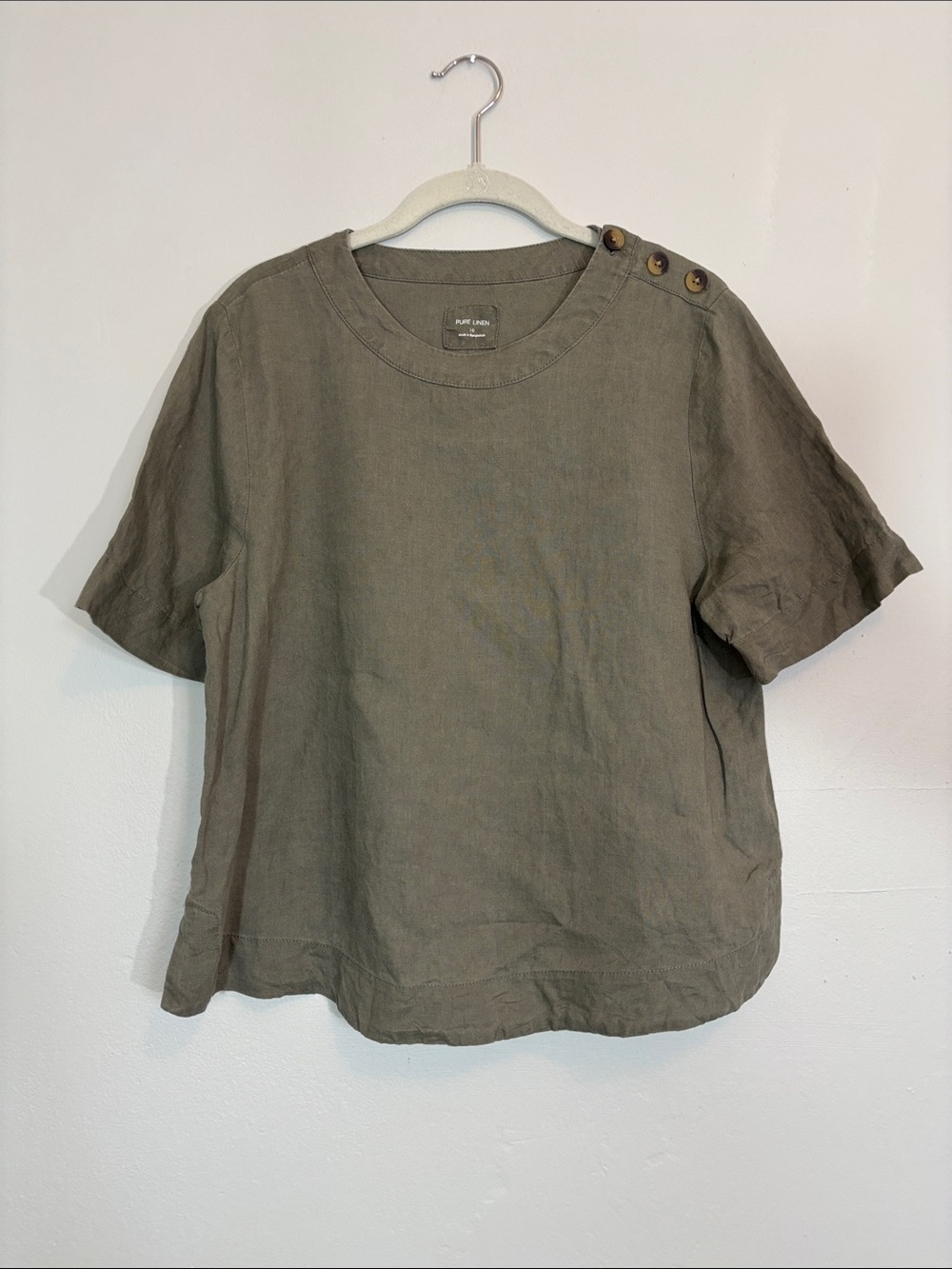 Marks & Spencer Pure Linen Olive Short-Sleeve Top with Shoulder Buttons